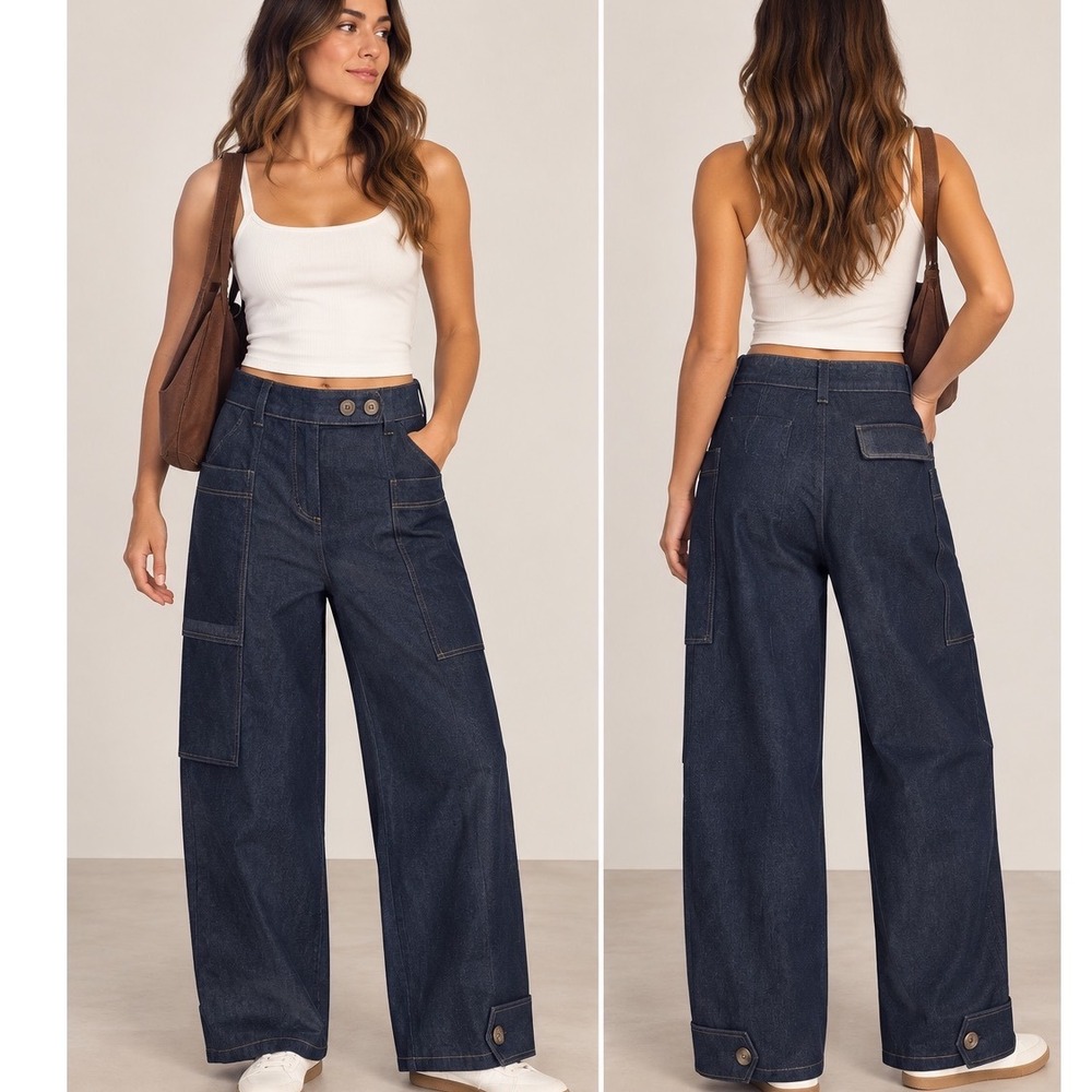 Rejina Pyo Dark Wash Denim Cargo Pants Wide Leg High Waist Utility Trousers 14
